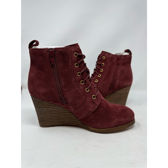 Diba Blake Suede Bootie Burgundy Ankle Boot Lace Up Wedges Size 7 NWOB - Picture 6 of 12